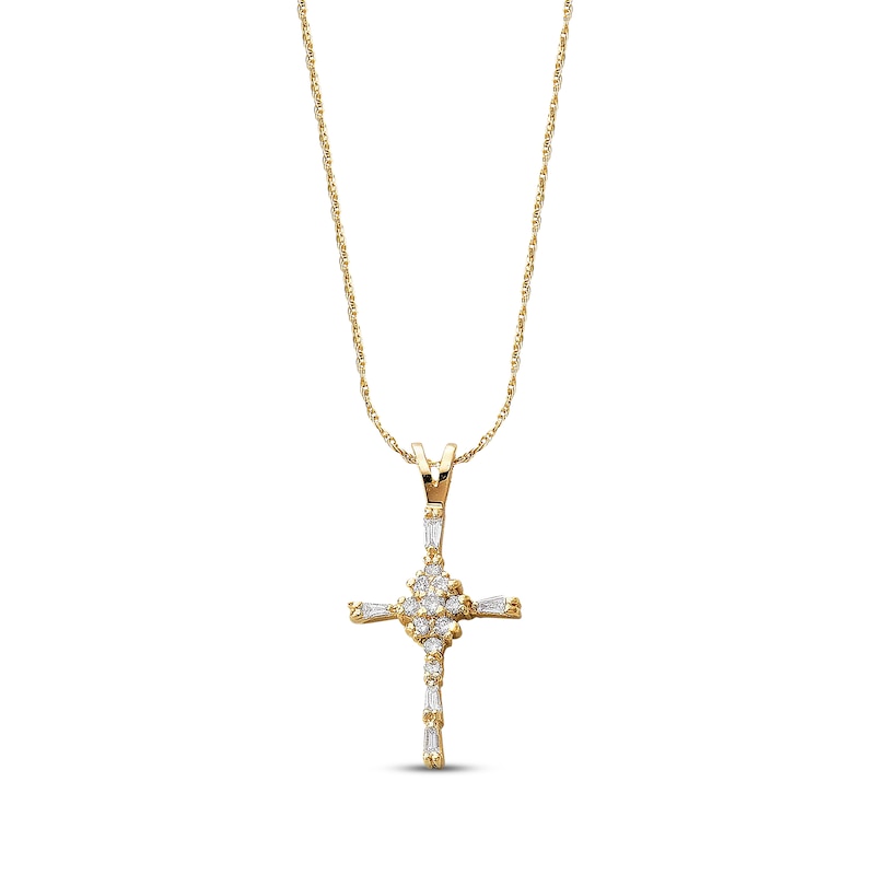 Main Image 1 of Previously Owned Diamond Cross Necklace 1/4 ct tw Round & Baguette 14K Yellow Gold