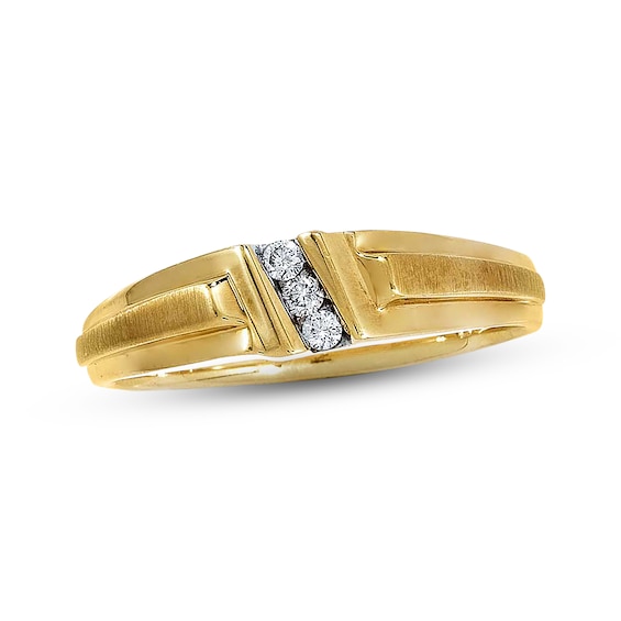 Previously Owned Men's Diamond 3-Stone Wedding Band 1/10 ct tw Round-cut 10K Yellow Gold