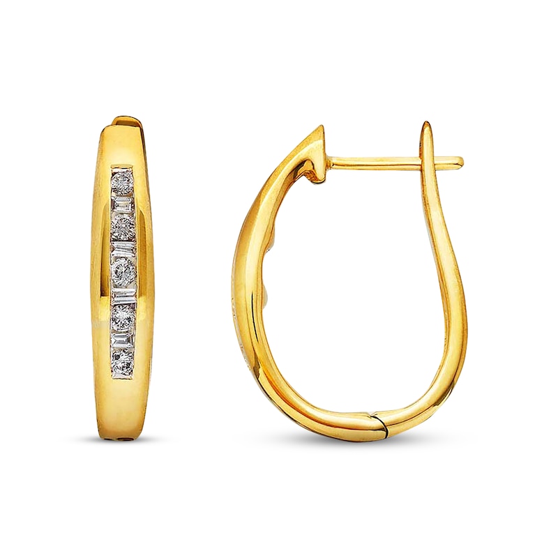 Main Image 1 of Previously Owned Diamond Hoop Earrings 1/4 ct tw Round & Baguette-cut 14K Yellow Gold