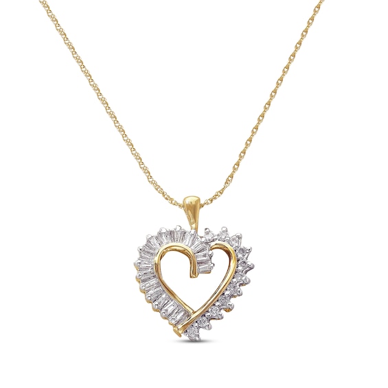 Previously Owned Diamond Heart Necklace 1/4 cttw Round & Baguette-Cut 10K Yellow Gold