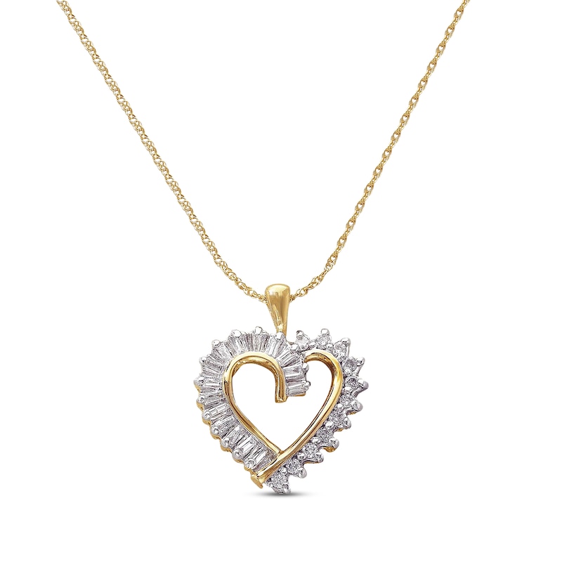 Main Image 1 of Previously Owned Diamond Heart Necklace 1/4 cttw Round & Baguette-Cut 10K Yellow Gold