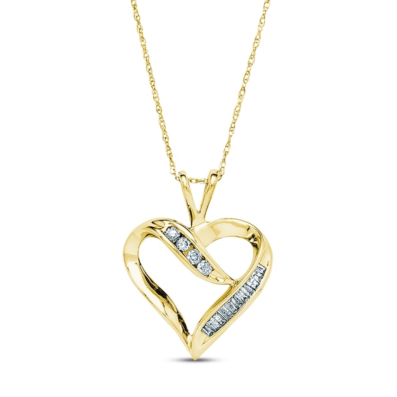 Previously Owned Diamond Heart Necklace 1/4 ct tw Round & Baguette-cut 10K Gold