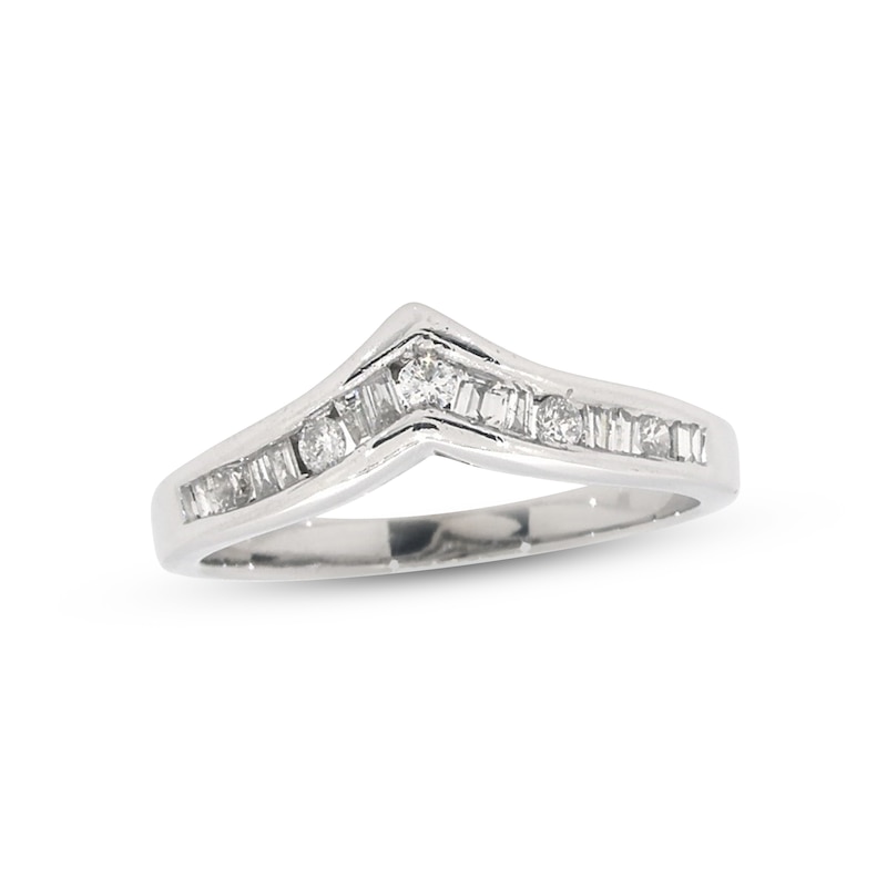 Main Image 1 of Previously Owned Diamond Chevron Anniversary Ring 1/4 ct tw Round & Baguette-cut 10K White Gold
