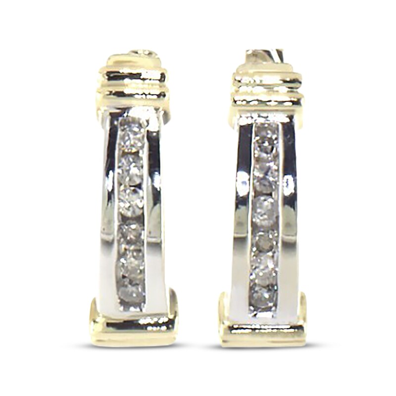 Main Image 1 of Previously Owned Diamond Huggie Hoop Earrings 1/8 ct tw Round-cut 10K Two-Tone Gold