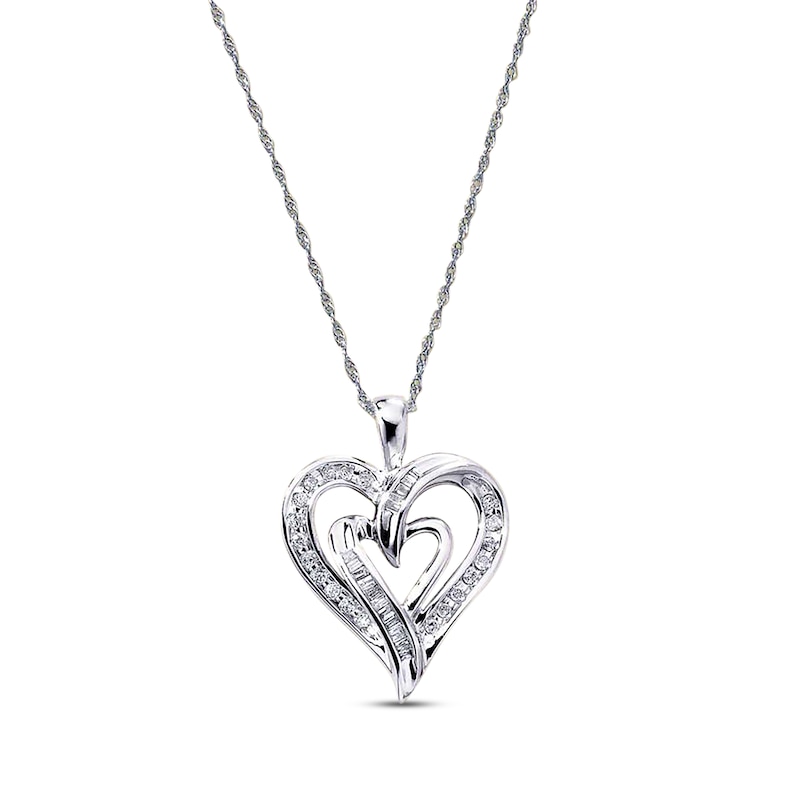 Main Image 1 of Previously Owned Diamond Heart Necklace 1/5 cttw Round & Baguette-Cut 10K White Gold