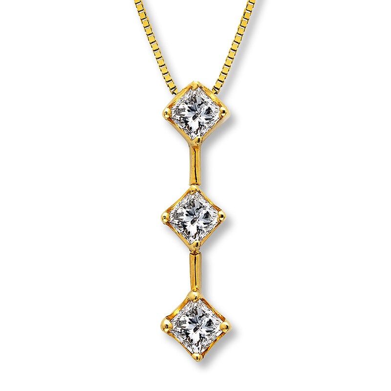 Main Image 1 of Previously Owned 3-Stone Diamond Necklace 1 ct tw Princess-cut 14K Yellow Gold 17&quot;