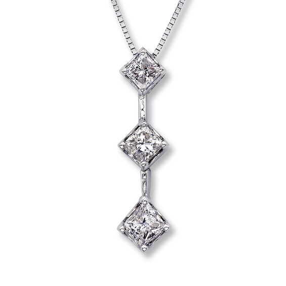 Previously Owned 3-Stone Diamond Necklace 1 ct tw Princess-cut 14K White Gold 17"