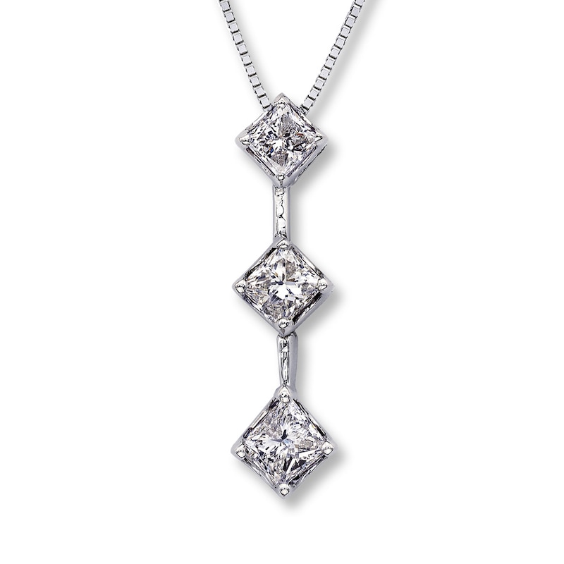 Main Image 1 of Previously Owned 3-Stone Diamond Necklace 1 ct tw Princess-cut 14K White Gold 17&quot;