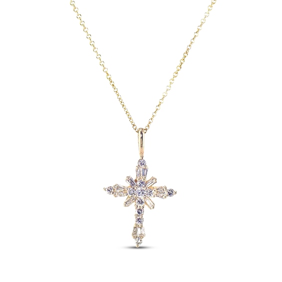 Previously Owned Diamond Cross Necklace 1/2 ct tw Round & Baguette 14K Yellow Gold
