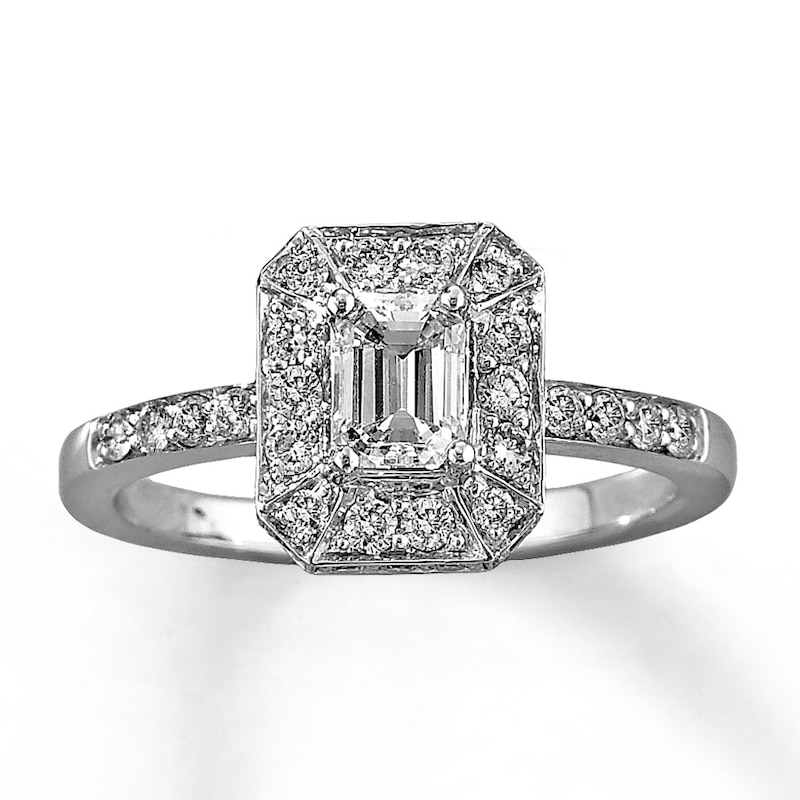 Main Image 1 of Previously Owned Engagement Ring 1 ct tw Emerald & Round-cut Diamonds 14K White Gold