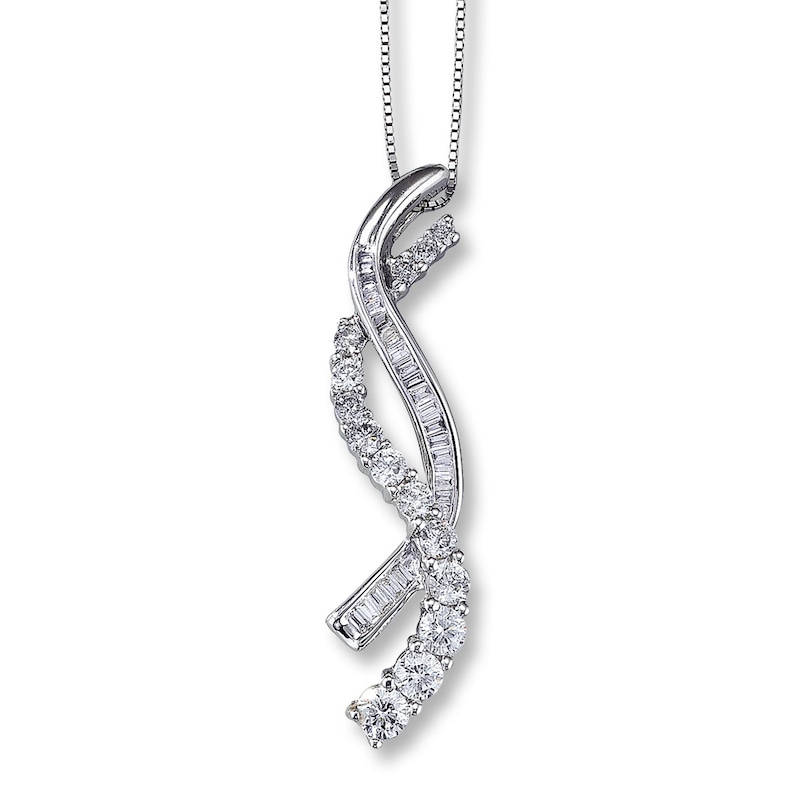 Main Image 1 of Previously Owned Diamond Necklace 3/4 ct tw Round & Baguette 14K White Gold 18&quot;