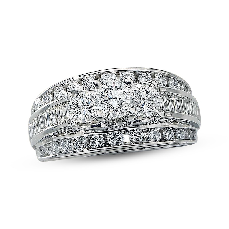 Main Image 1 of Previously Owned Diamond Engagement Ring 2 ct tw Round & Baguette-cut 14K White Gold
