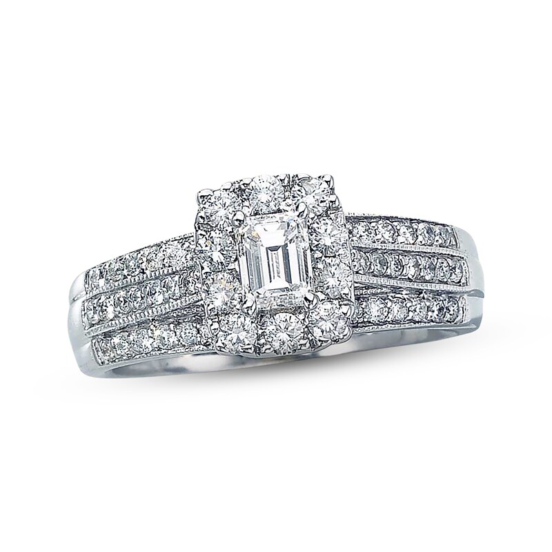 Previously Owned Diamond Engagement Ring 1 ct tw Emerald & Round-cut 14K White Gold
