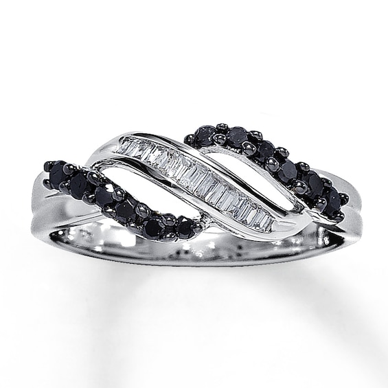 Previously Owned Black & White Diamond Ring 1/3 ct tw Baguette/Round 10K White Gold