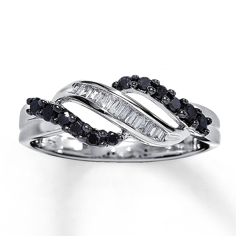 Previously Owned Black & White Diamond Ring 1/3 ct tw Baguette/Round 10K White Gold