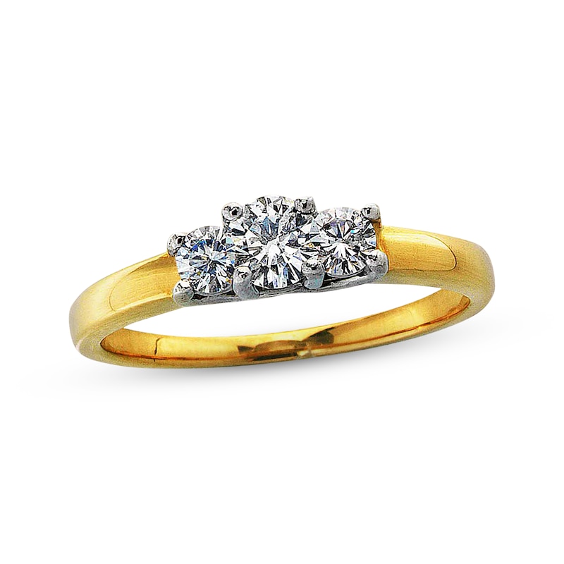 Main Image 1 of Previously Owned Diamond Three-Stone Ring 1/2 ct tw Round-cut 14K Yellow Gold & Platinum