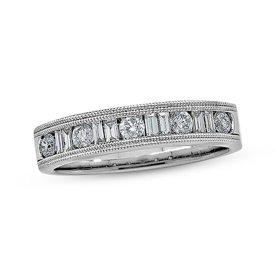 Previously Owned Diamond Anniversary Band 1/2 ct tw Round & Baguette-cut 14K White Gold