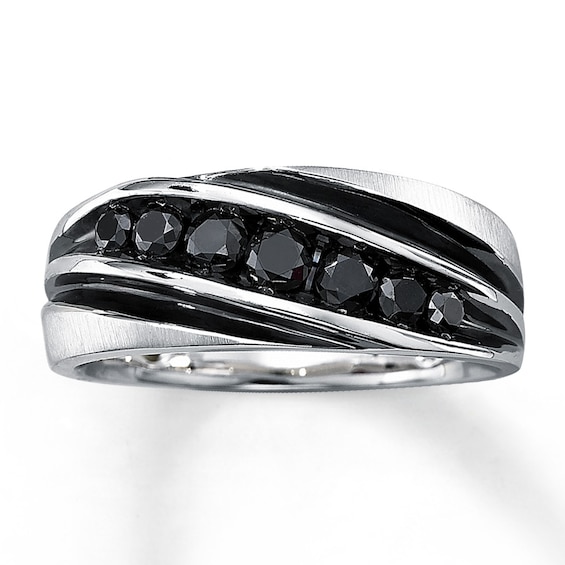 Previously Owned Men's Black Diamond Wedding Band 3/4 ct tw Round-cut 10K White Gold