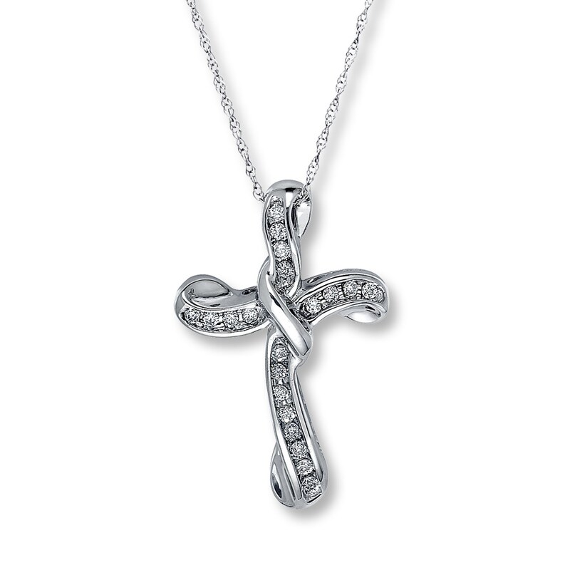 Main Image 1 of Previously Owned Diamond Cross Necklace 1/6 cttw 10K White Gold 18"