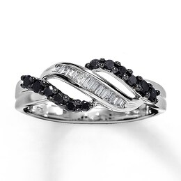 Previously Owned Black & White Diamond Ring 1/3 ct tw Baguette & Round 10K White Gold