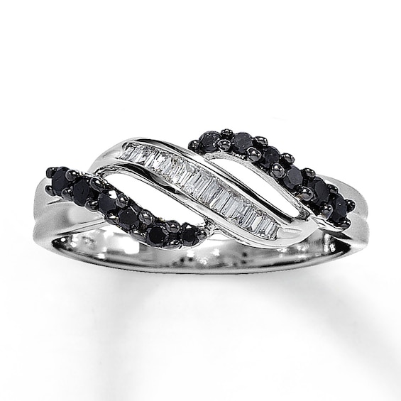 Previously Owned Black & White Diamond Ring 1/3 ct tw Baguette & Round 10K White Gold