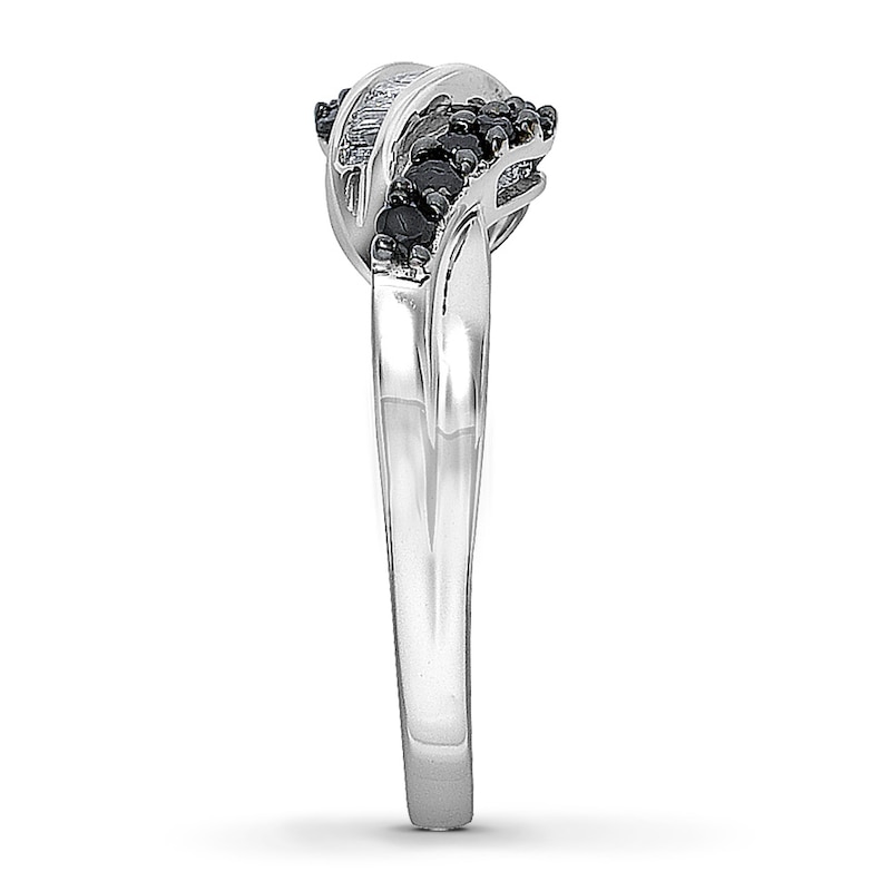Main Image 3 of Previously Owned Black & White Diamond Ring 1/3 ct tw Baguette & Round 10K White Gold