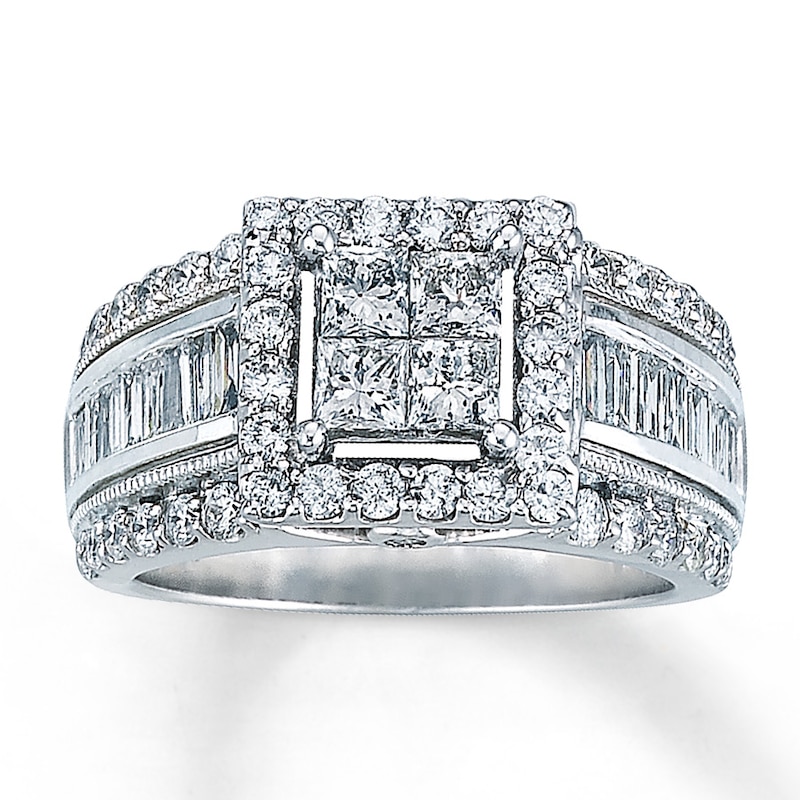 Main Image 1 of Previously Owned Diamond Engagement Ring 2 ct tw Princess, Baguette & Round-cut 14K White Gold
