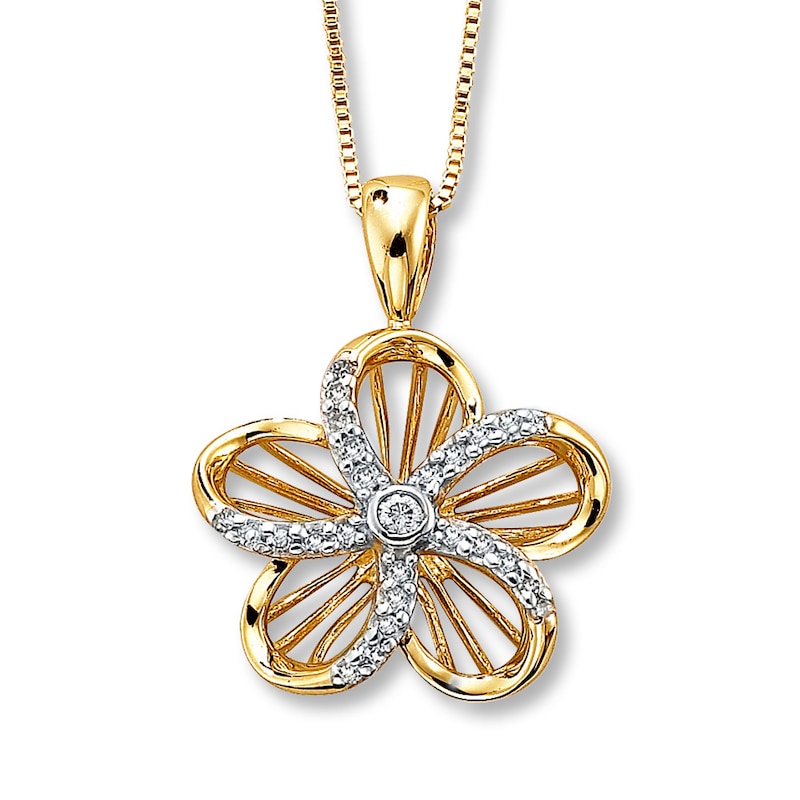 Main Image 1 of Previously Owned Diamond Flower Necklace 1/10 ct tw Round-cut 10K Yellow Gold 18&quot;