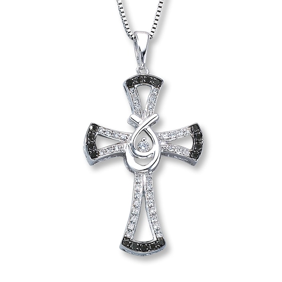Previously Owned Cross Necklace Black/White Diamonds Sterling Silver