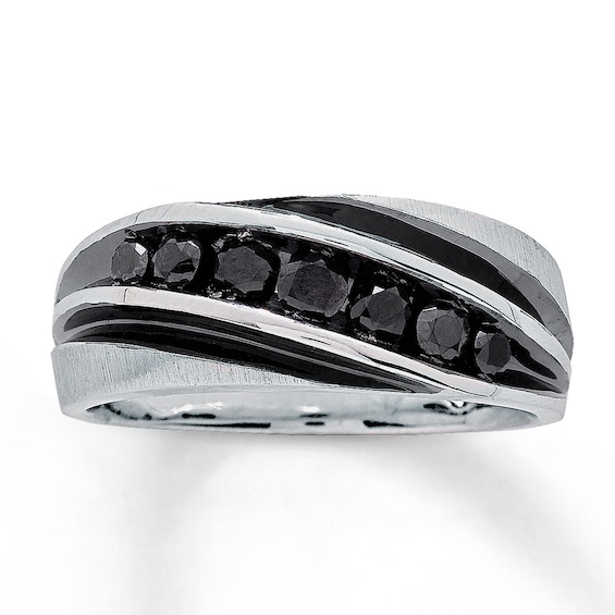 Previously Owned Men's Black Diamond Band 3/4 ct tw Round-Cut 10K White Gold