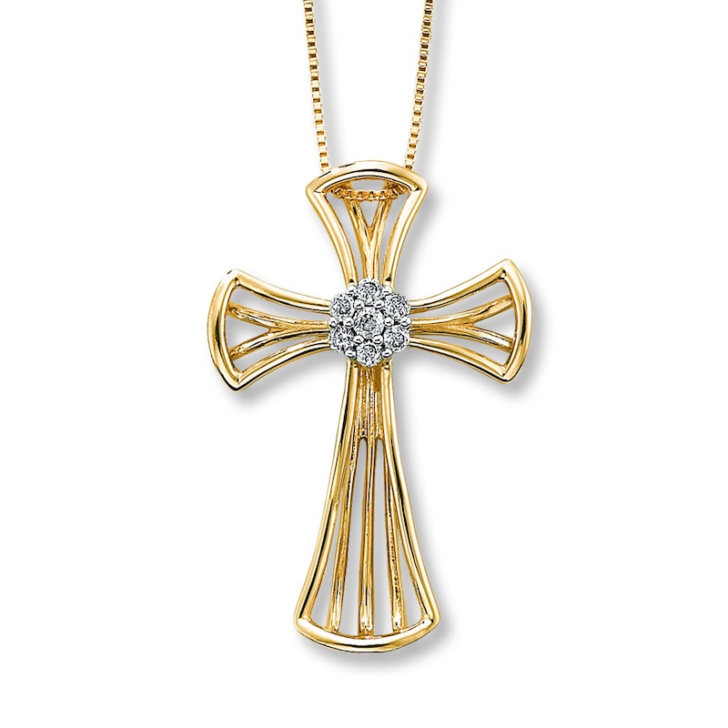 Main Image 1 of Previously Owned Diamond Cross Necklace 1/10 ct tw Round-cut 10K Yellow Gold 18"