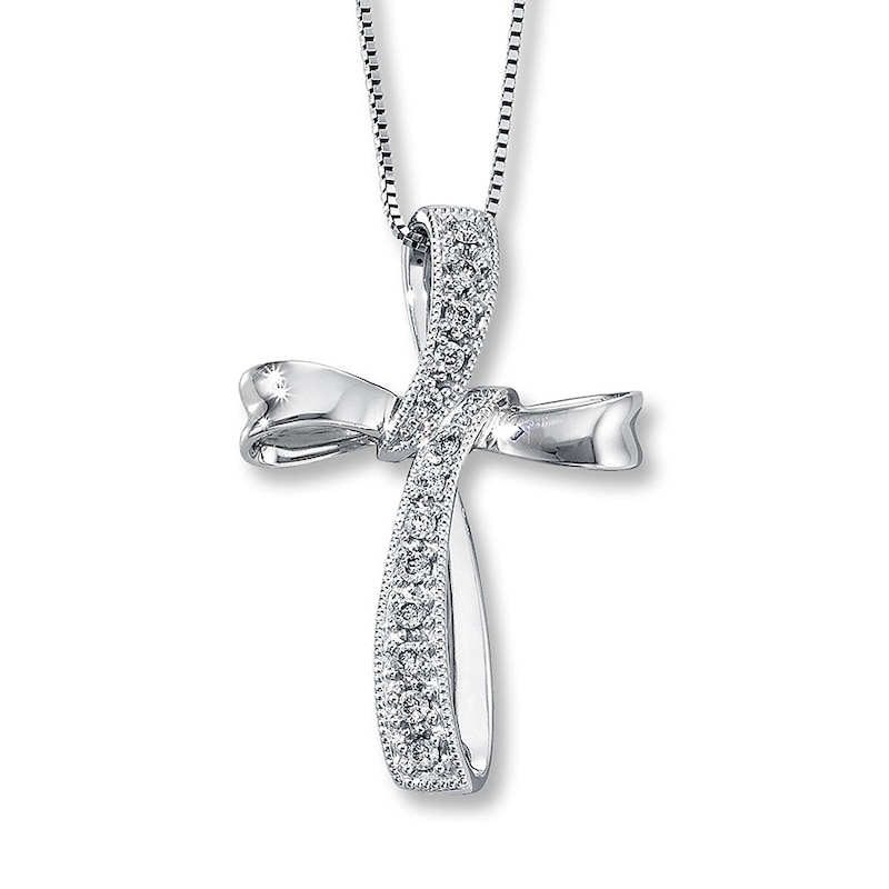 Main Image 1 of Previously Owned Diamond Cross Necklace 1/6 ct tw 10K White Gold 18&quot;