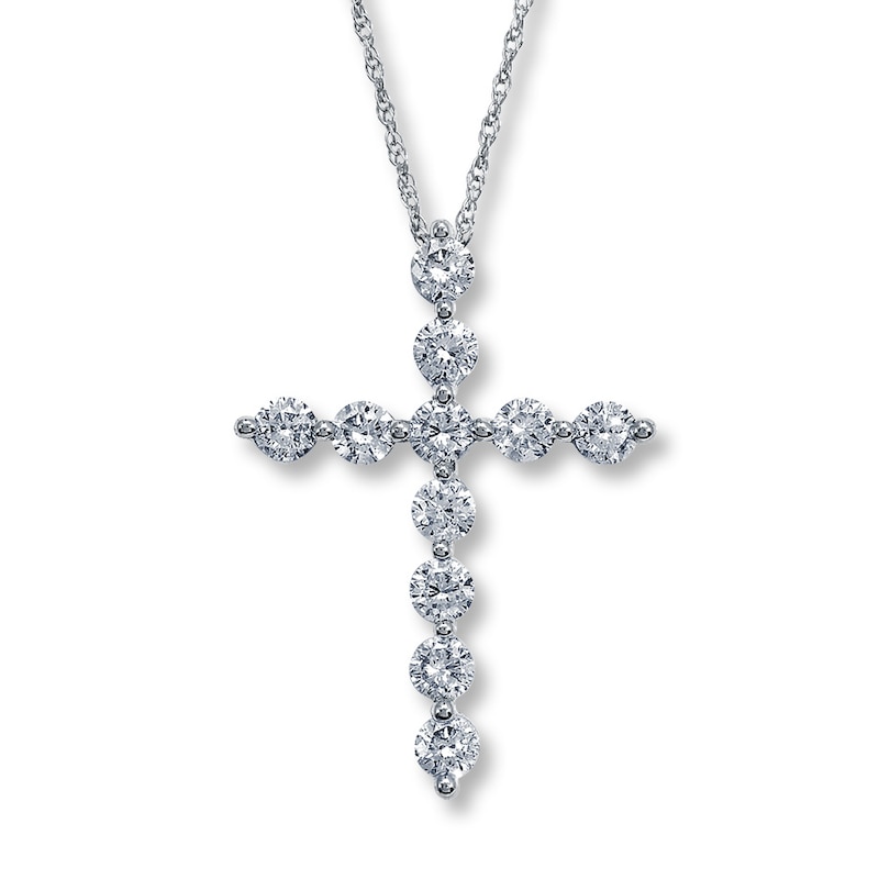 Main Image 1 of Previously Owned Diamond Cross Necklace 7/8 ct tw Round-Cut 14K White Gold 18&quot;