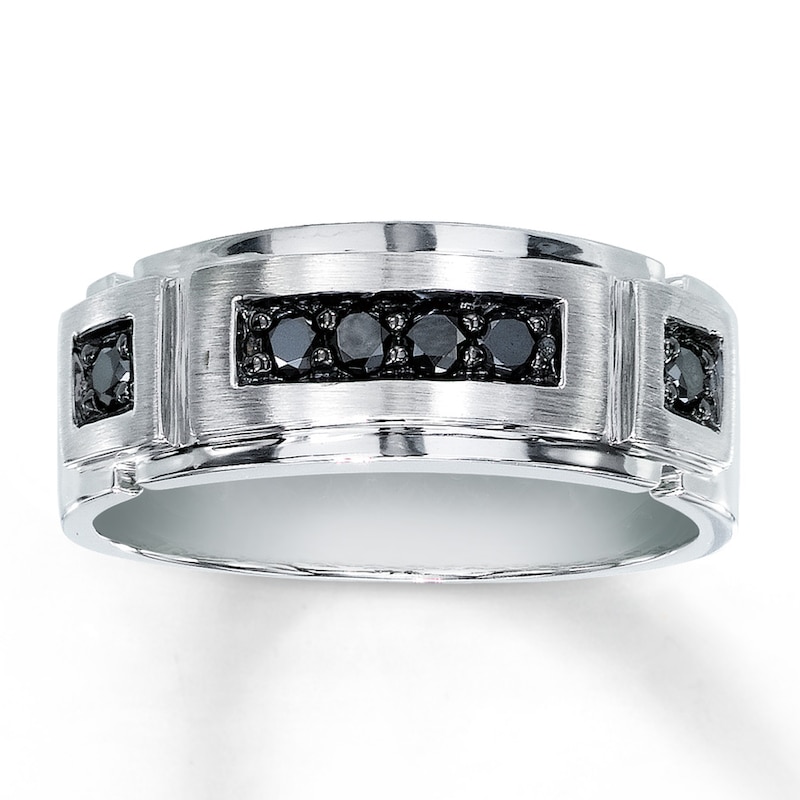 Main Image 1 of Previously Owned Men's Black Diamond Band 1/4 ct tw Round-cut 10K White Gold
