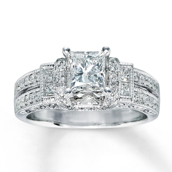 Previously Owned Diamond Engagement Ring Princess & Round-Cut 14K White Gold