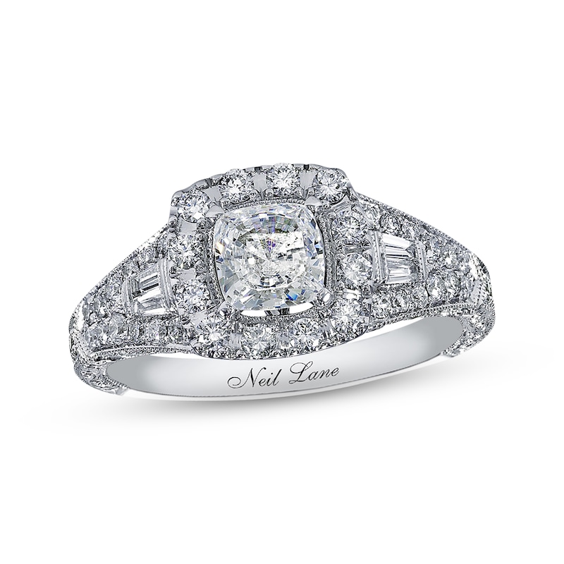Main Image 1 of Previously Owned Neil Lane Diamond Engagement Ring 1-3/8 ct tw Cushion, Round & Baguette-cut 14K White Gold