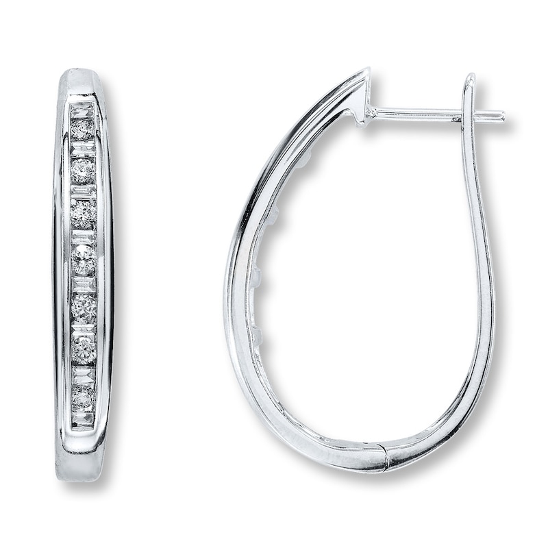 Main Image 1 of Previously Owned Diamond Hoop Earrings 1/2 ct tw Round & Baguette-Cut 10K White Gold