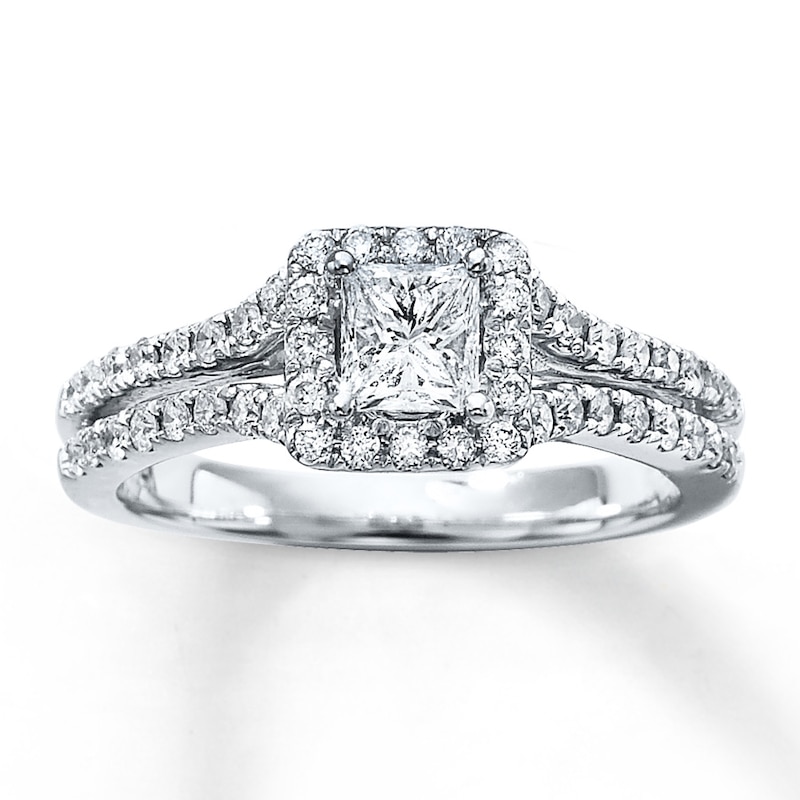 Main Image 1 of Previously Owned Diamond Engagement Ring 7/8 ct tw Princess/Round 14K White Gold