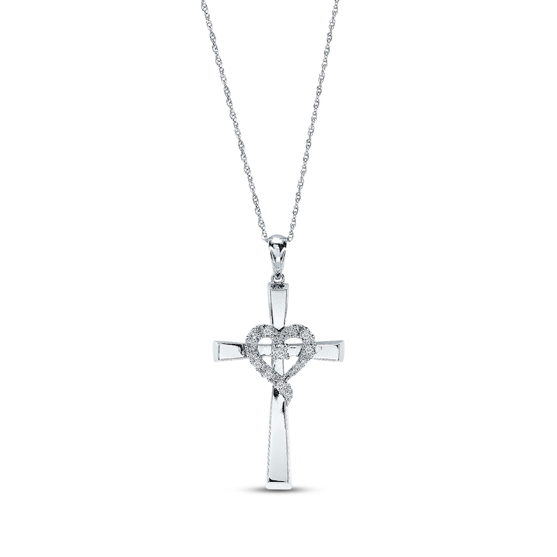 Main Image 1 of Previously Owned Diamond Cross Necklace 1/10 ct tw Round-cut 10K White Gold