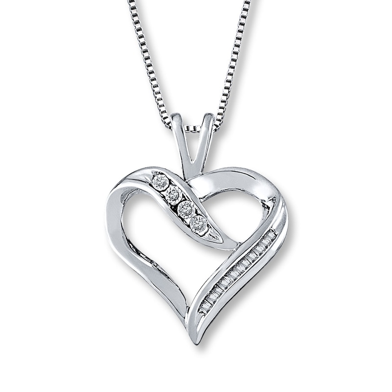 Previously Owned Diamond Heart Necklace 1/10 ct tw Baguette & Round Sterling Silver