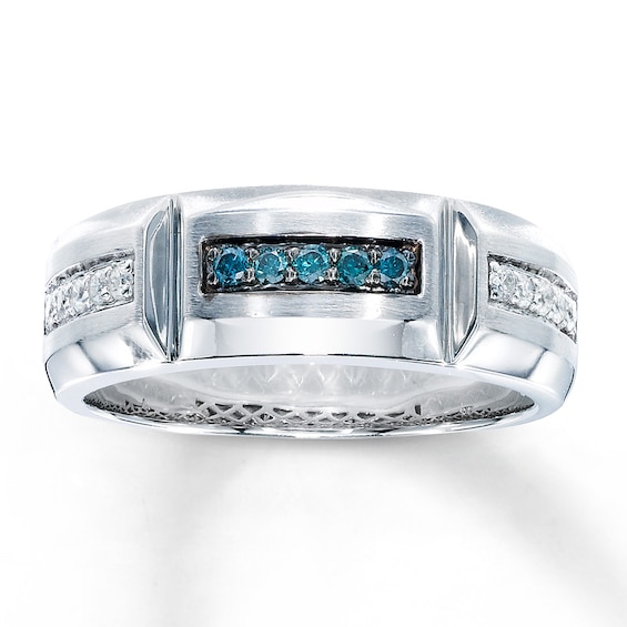 Previously Owned Men's Blue & White Diamond Wedding Band 1/4 ct tw Round-cut 10K White Gold