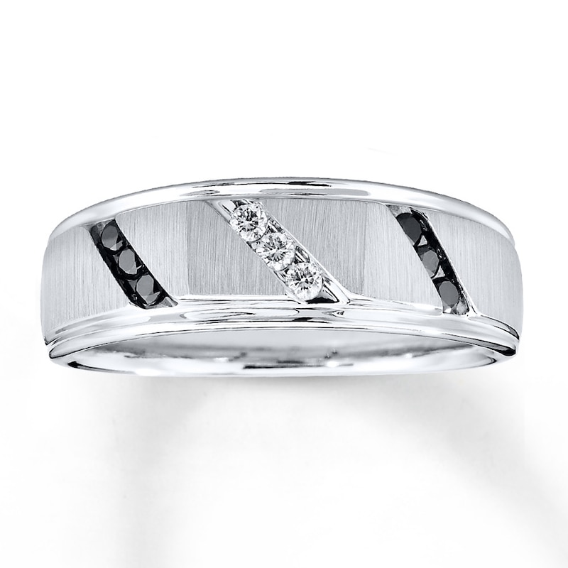 Main Image 1 of Previously Owned Men's Black & White Diamond Wedding Band 1/5 ct tw Round-cut 10K White Gold