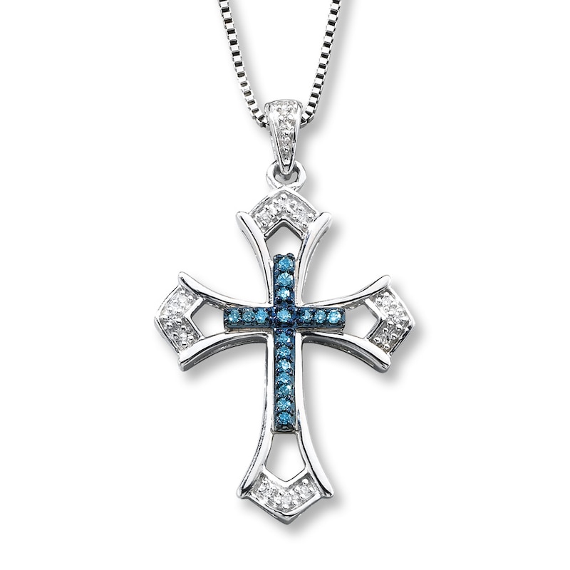 Main Image 1 of Previously Owned Blue/White Diamonds 1/10 ct tw Cross Necklace Sterling Silver