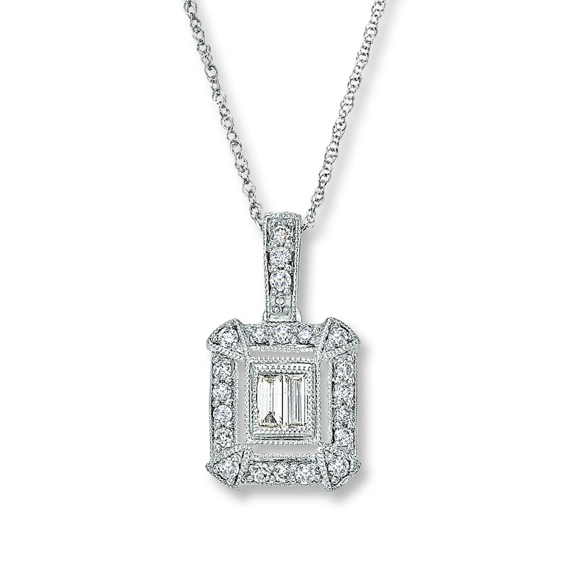 Previously Owned Diamond Necklace 1/4 ct tw Round & Baguett-Cut 10K White Gold