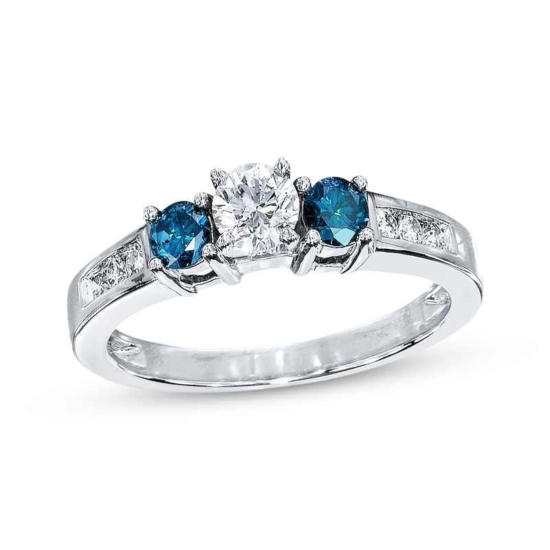 Main Image 1 of Previously Owned Blue/White Diamond 3-Stone Engagement Ring 3/4 ct tw Round-cut 10K White Gold