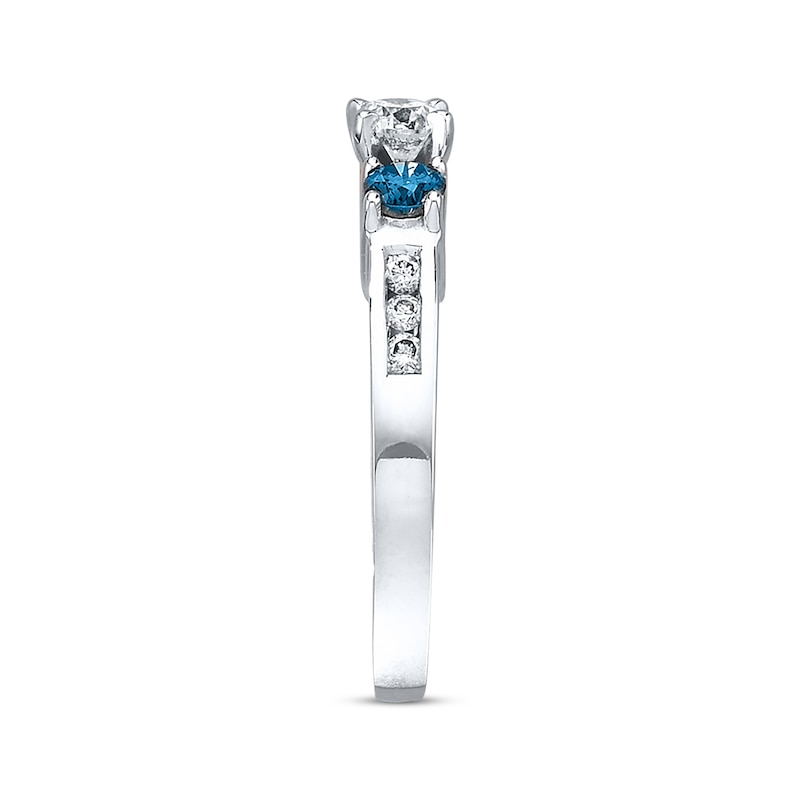 Main Image 2 of Previously Owned Blue/White Diamond 3-Stone Engagement Ring 3/4 ct tw Round-cut 10K White Gold