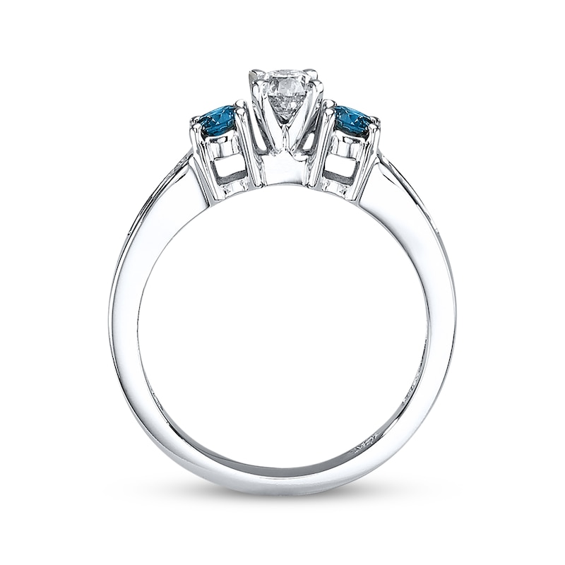 Main Image 3 of Previously Owned Blue/White Diamond 3-Stone Engagement Ring 3/4 ct tw Round-cut 10K White Gold
