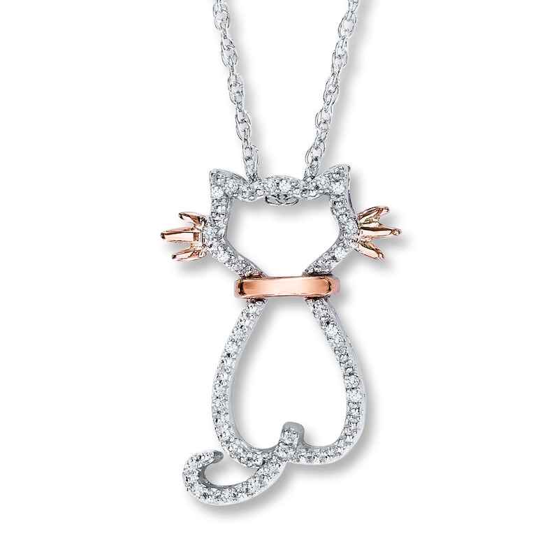 Main Image 1 of Previously Owned Cat Necklace 1/15 ct tw Diamond Sterling Silver & 10K Rose Gold