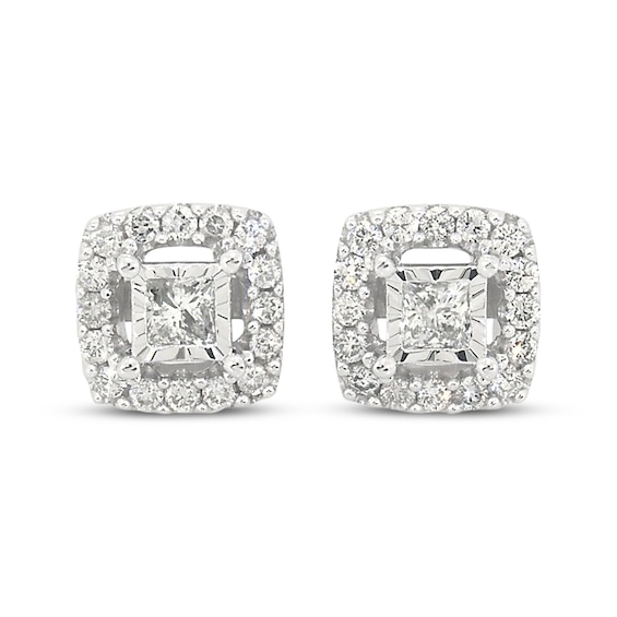Previously Owned Diamond Stud Earrings 1 cttw Princess & Round-cut 14K White Gold