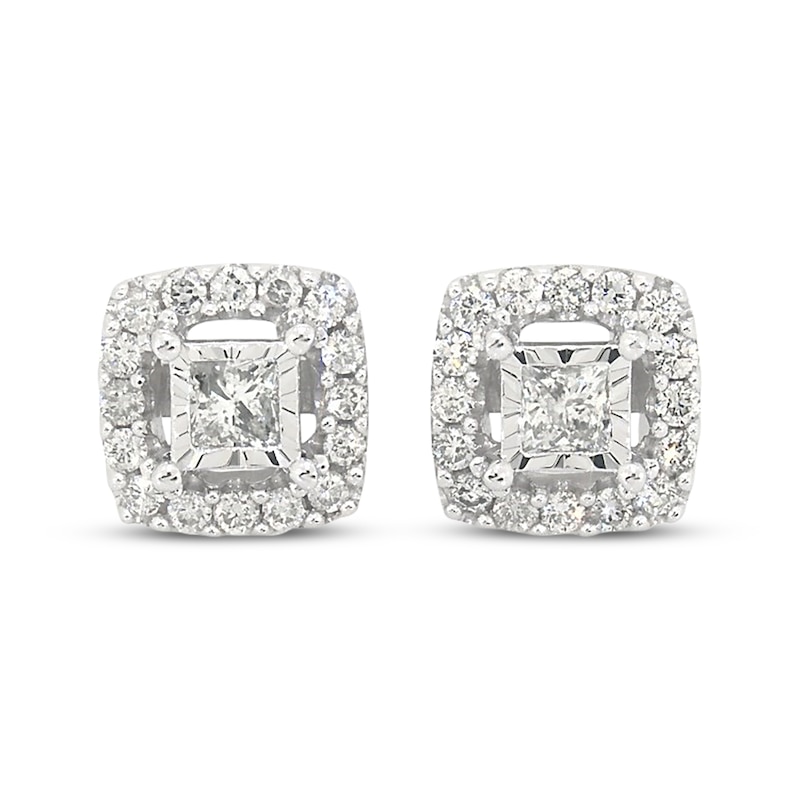 Main Image 1 of Previously Owned Diamond Stud Earrings 1 cttw Princess & Round-cut 14K White Gold
